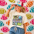 Retro Mascot Collage DTF Heat Transfer, colorful football-themed design featuring a cat mascot, football helmet, goalpost, and football elements on a woman's t-shirt.