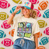 Retro Mascot Collage DTF Heat Transfer, colorful cartoon-style football and sports-themed design on a woman's t-shirt.