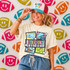 Retro Mascot Collage DTF Heat Transfer, colorful football-themed design featuring a dolphin, helmet, football, and team logo, suitable for sports apparel customization.