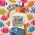 Retro Mascot Collage DTF Heat Transfer, colorful football-themed design featuring a bull mascot, football helmet, and football illustration on a woman's t-shirt
