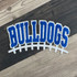 Royal blue Bulldogs varsity chenille iron-on patch with football lace embroidery for game day apparel, school spirit wear, and boutique clothing.