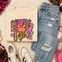 Pink Glitter Mascot - 62 teams - DTF Heat Transfer, a colorful graphic design featuring a deer with antlers, pink stars, and the word 'bucks' on a beige sweatshirt.