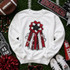 Homecoming Mum Sequins Patch - Red, product image showing a white sweatshirt with a colorful sequin homecoming mum patch design, surrounded by football-themed and celebration accessories.