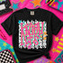 Retro Lotty Dotty School Mascot DTF Heat Transfer, colorful star and polka dot design on black T-shirt.