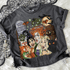 Vintage Halloween Witches DTF Heat Transfer, Halloween-themed graphic on a dark gray T-shirt featuring cartoon witches, bats, a black cat, and a full moon.