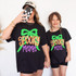 Spooky Mini Bow DTF Heat Transfer, Halloween-themed mini bow design in bright neon green, orange with white checkered pattern, and purple text on black T-shirts.