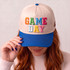 Game Day colorful puff embroidered heat press hat patch applied to cream and blue baseball cap