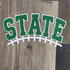12 inch green and white State chenille football patch with varsity lettering and football lace design