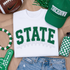 Green and white State chenille football patch on white crewneck sweatshirt for game day spirit wear