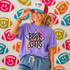 Bearcats mascot DTF transfer with retro star graphic in pink and orange checkered pattern on purple shirt