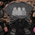 Patterned Trio Ghosts DTF Transfer, floral, leopard, and polka dot Halloween design on a dark gray t-shirt.