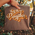 Hey There Pumpkin DTF Transfer, retro fall script design on a folded brown fabric.