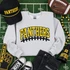 Football merchandise, including a Panthers Football Yellow & Black Chenille Patch, sweatshirt, cap, football, and accessories on a football field background.