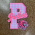 Pink Gingham Panthers Appliqué Embroidered Patch, decorative patch featuring a pink gingham pattern, the word 'Panthers' in pink cursive, and a fierce panther head graphic.