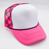 Hot Pink & Black Checkered Foam Trucker Hat, front view of the cap showing the pink brim and checkered pattern on the mesh back with a pink button on top.