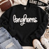 White Longhorns fluffy heat press appliqué patch with script lettering displayed on a black sweatshirt.