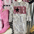 MOTHER DTF transfer in leopard print lettering with pink outline and black star, shown on camo t-shirt