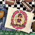 Seminoles mascot DTF transfer featuring a doll-like character in a star-glasses and glitter oval frame with pink stars, holding a spear, in a hand-painted school spirit style
