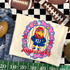 Jayhawks mascot DTF transfer featuring KU bird mascot in star sunglasses within a pink and gold star-studded frame, hand-painted school spirit style