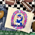 Unicorns mascot DTF transfer featuring a unicorn in a football jersey with star sunglasses inside a pink and gold star-studded oval frame