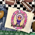Indians mascot DTF transfer featuring a chibi-style character in traditional headdress with star sunglasses inside a pink and gold star-studded frame