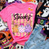 Spooky ghost DTF transfer with three pastel bow ghosts featuring skull, floral, and bat patterns on a striped background