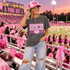 Pink Out Broncos mascot DTF transfer with pink glitter-style lettering, checkered accents, and football graphic on a charcoal shirt