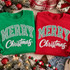 Merry Christmas mixed texture patch with green checkered varsity lettering and white fluffy script on red and green sweatshirts