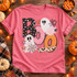 Boo Halloween DTF transfer with polka-dot bubble lettering, two cute ghosts, spiderwebs, stars, and a bat-print washi strip accent Shown on a Watermelon t-shirt.