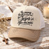 The Enemy Thought He Had Me But Jesus Said You Are Mine faith DTF transfer in black brush-script lettering with hand-drawn sparkle stars Shown on a cream foam front panel with tan stripe bill and natural rope, white mesh back trucker hat.