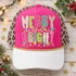 Merry and Bright Christmas DTF transfer with bold candy-colored patterned block letters outlined in gold glitter and colorful string lights Shown on a hot pink front panel with white bill and leopard print mesh back trucker hat.