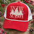 Tis the Season DTF transfer with three lace-textured ivory Christmas trees topped with lace stars over red-and-white gingham lettering Shown on a Red front panel with white rope and white mesh back trucker hat.