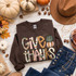 Give Thanks DTF transfer with plaid patchwork lettering and layered plaid pumpkins in a fall boho style
