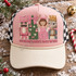 It's The Most Wonderful Time Of The Year DTF transfer with embroidery-style pink nutcracker, Christmas tree, ballerina, and crowned squirrel panels Shown on a blush pink front panel, cream bill, black-and-white checkered mesh back trucker hat.