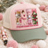 It's The Most Wonderful Time Of The Year DTF transfer with embroidered-yarn style Mouse King, ballerina, nutcracker soldier, and Christmas tree panels in pink and sage tones Shown on a front panel blush pink / bill sage green / mesh ivory trucker hat.