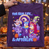Halloween DTF transfer featuring cartoon dog characters dressed as Jack Skellington and Sally with ghost and witch puppies, moon, bats, pumpkins and tombstones, reading For Real Life and Afterlife Shown on a Grape t-shirt.