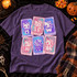 Horror-style kitty tarot card DTF transfer collection featuring six spooky character cards including The Boogeyman, The Camper, and The Trick R Treater on a purple shirt