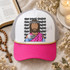 Make Heaven Crowded Jesus DTF Transfer | Faceless Jesus Patchwork Robe Faith Design, colorful faceless Jesus artwork with a crown of thorns and repeated “Make Heaven Crowded” lettering displayed on a white and hot pink trucker hat