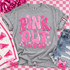 Pink Out Rockets mascot DTF transfer in bubble retro lettering with pink checkered pattern and stars on a heather gray shirt