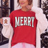 Merry Polka Dot DTF Transfer | Varsity Letters Christmas Design, white varsity-style “MERRY” lettering with black polka dots displayed on a red sweatshirt in a cozy holiday setting.