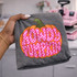 Howdy Pumpkin DTF transfer with retro pink checkered lettering on an orange pumpkin design and green glitter-style stem