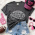 Dragons football mascot DTF transfer with white outlined lettering inside a football graphic, shown on a dark gray t-shirt for game day spirit wear