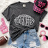 Hornets mascot DTF transfer with football outline design in white lettering, shown on a heather charcoal t-shirt for school spirit and game day apparel