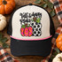 Fall Is My Happy Place DTF transfer with leopard print and polka dot pumpkins in hand-lettered script design Shown on a ivory front panel, black bill, black mesh back, pink rope trucker hat.