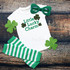 Little Lucky Charm LEOPARD INFANT Screen Print Transfer, St. Patrick's Day themed baby outfit with green shamrocks, striped leggings, and glittery shamrock accessories.