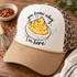 You Know Why I'm Here Deviled Egg DTF Transfer | Funny Potluck Design, humorous yellow deviled egg illustration with colorful sprinkles and lettering displayed on a tan trucker cap