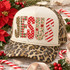 JESUS Christmas Patchwork DTF Transfer | Faith-Based Holiday Design, festive patchwork JESUS lettering in plaid, polka dot, floral, and striped Christmas fabrics displayed on a leopard-print baseball cap with poinsettias and candy canes