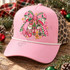 Christmas Bow Charms DTF Transfer | Festive Plaid Bow with Holiday Charm Design, colorful Christmas plaid bow with Santa, tree, snowman, gingerbread, and ornament charms printed on a pink trucker cap