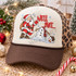 Well Shit funny Christmas DTF transfer with shocked cartoon Santa and melting snowman design Shown on a cream front panel, brown bill, leopard print mesh back trucker hat.