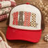 NANA word art DTF transfer with polka dot, leopard print, and checkerboard letters and dainty bow accents in red, cream, and brown Shown on a Ivory front panel with red bill and brown mesh trucker hat.